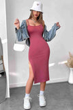 Strappy Knitted Slit Slit Midi Knee-Length Dress Pink