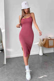 Strappy Knitted Slit Slit Midi Knee-Length Dress Pink