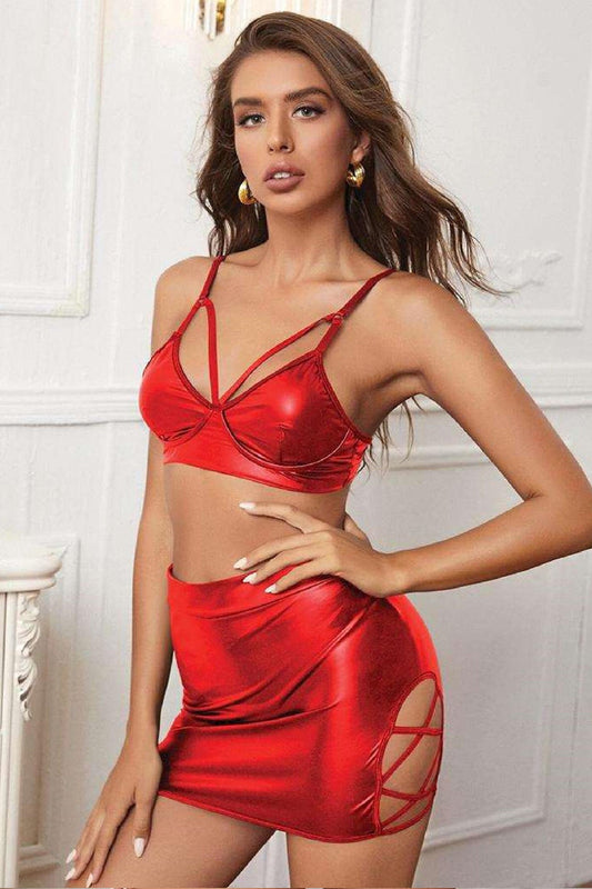 Damen Kostüm aus Leder mit Harness Erotisches Outfit 21035 Rot