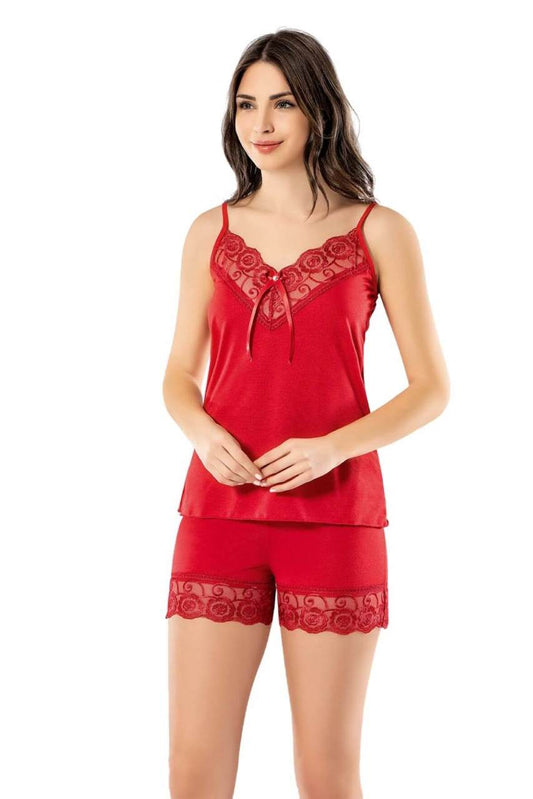 Damen Rote Shorts Anzug Homewear Nachthemd Spitze Nachtwäsche Nachtwäsche 6341