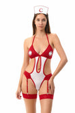 Damen Rot Weiß Vorne Offen Stilvolles Krankenschwesterkleid mit Strumpfband 52031