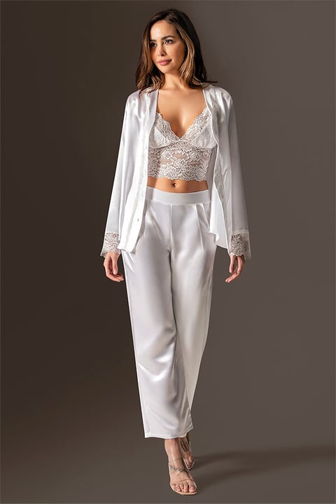 Women's Sateen 3 Pieces White Nightgown Pajama Set