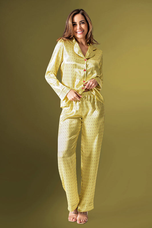 Damen-Pyjama-Set aus Satin in Gelb, 2-teilig