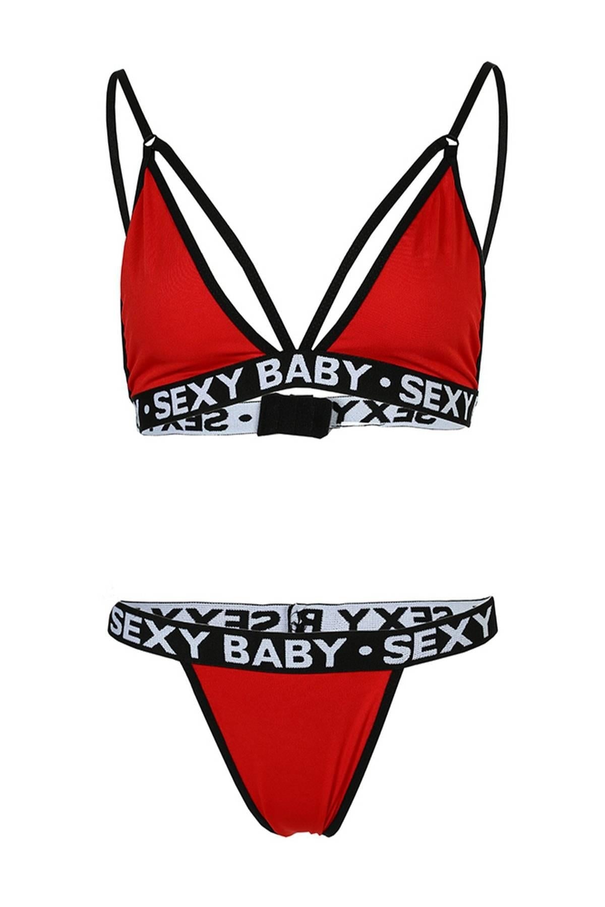 Red Fabric And Letter Bra Panties Set 51080
